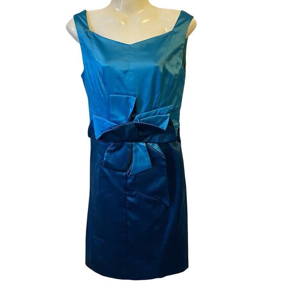 Yimilan Sz M Gorgeous Vintage Satin Turquoise Cocktail Bow Pencil Dress Romantic - Picture 1 of 10